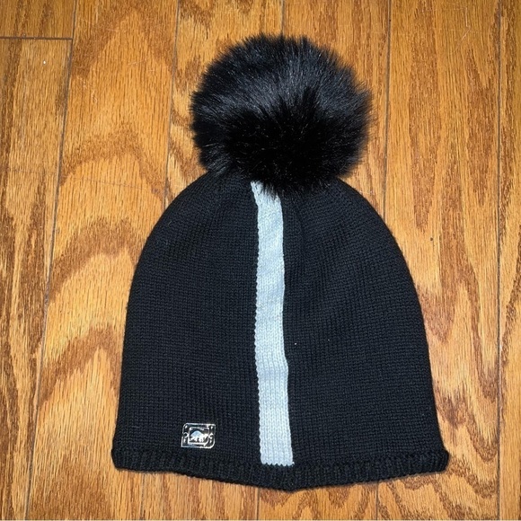 Turtle Fur Black Pom-Pom Fleece Lined Wool Beanie Hat With White Stripe One Size - Picture 8 of 8